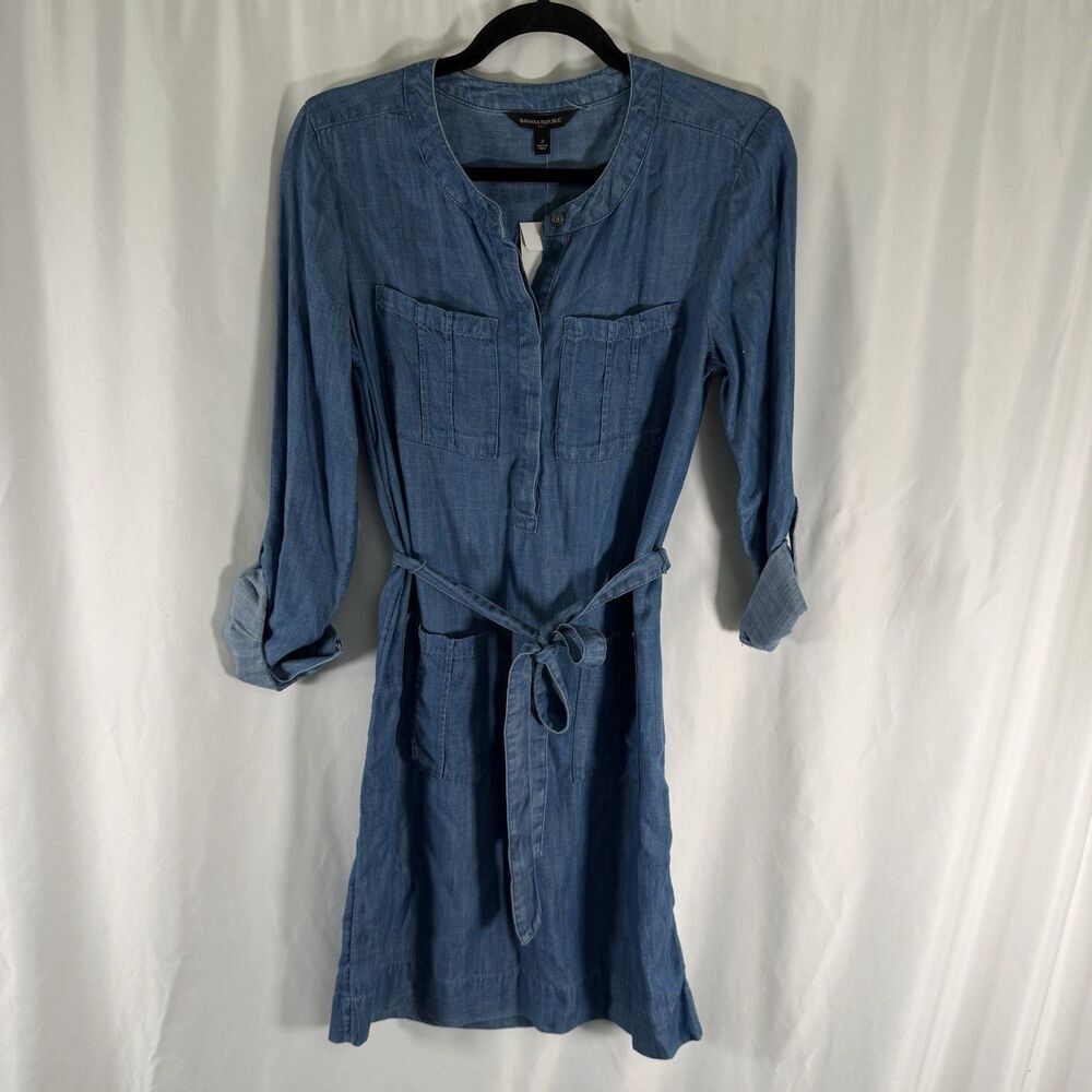 New Banana Republic Chambray Mini Dress Women's 2 Blue Button Up Belted Pockets